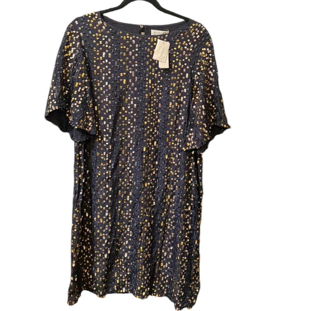 NWT Velvet by Graham Spencer Black Gold Sequin Shift Mini Dress XL Holiday Party